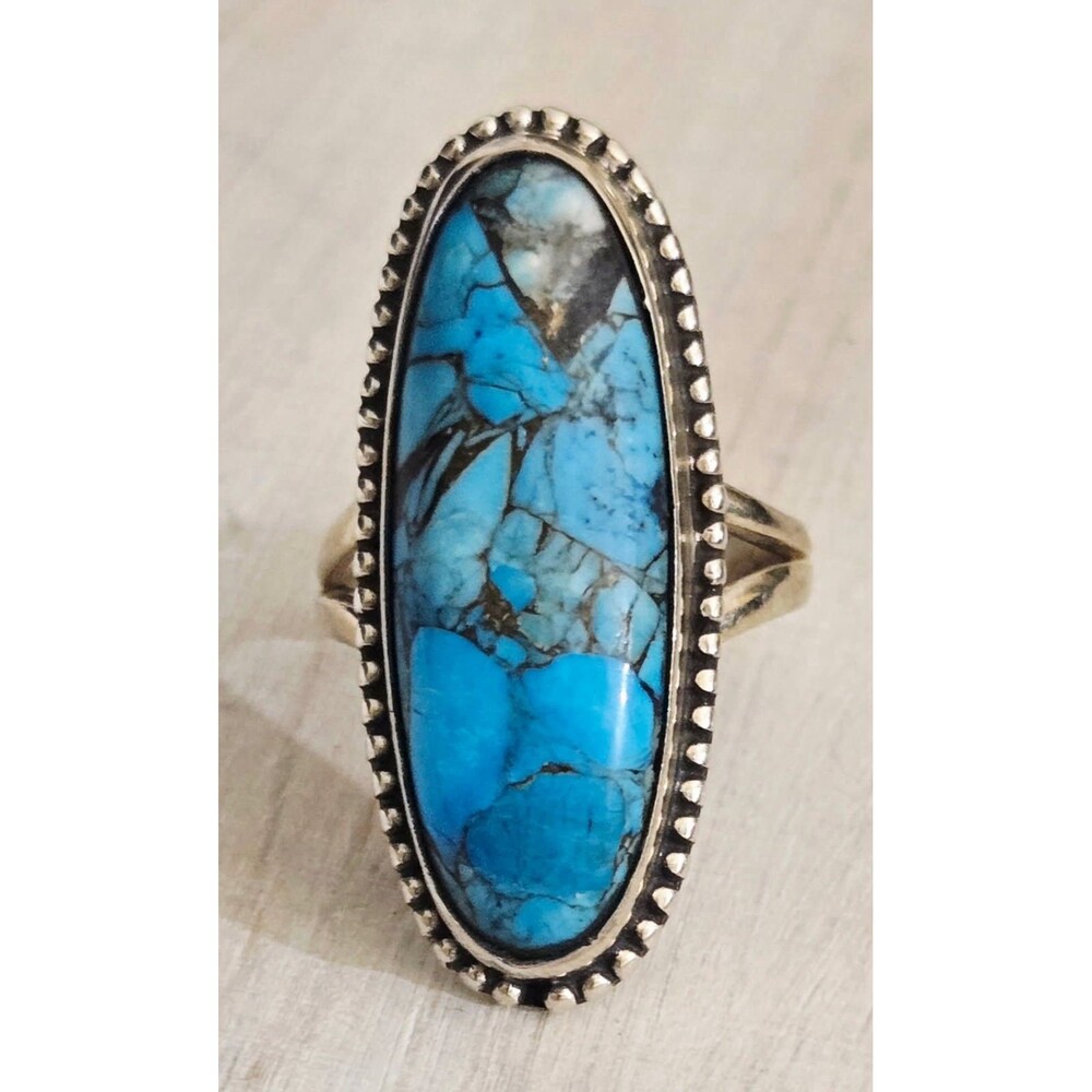 925 Sterling Silver Unique Oval Blue Turquoise Bezel Set Ring Size 6.5